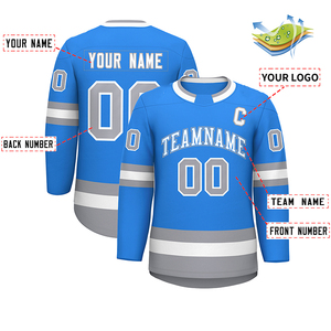 Maillot de hockey sur glace personnalisé bleu avec des rayures blanches orange manches longues col en dentelle tissu respirant vêtements de sport d'équipe personnalisés - Product Image 6