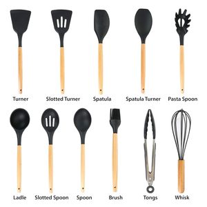 Best Selling Eco-Friendly Modern Design Long Handle Wooden Cookware Utensil <b>Set</b> <b>Black</b> Wood Texture for Food Serving Bulk Export - Product Image 2