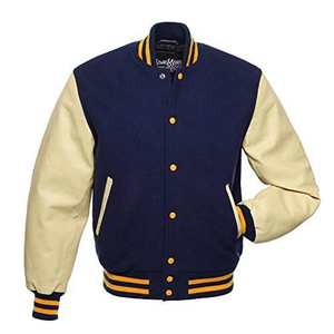 Men Royal Blue Melton <b>Wool</b> and Light <b>Gold</b> Leather Varsity Letterman Jacket - Product Image 4