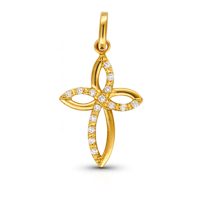 Pendentif Croix Florale en Or Jaune 14K Fait Main, Bijoux Religieux Fins avec Pierres de Zircone Cubique de 1,25 mm, Vente en Gros pour Femmes - Product Image 1