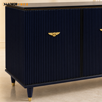 Buffet de luxe bleu marine en bois massif, fait main, à cannelures, au design moderne, pour salle à manger, hôtel, villa, meuble de rangement