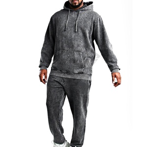 Survêtements vintage en polaire délavée à l'acide 100% coton Survêtements pour hommes Ensemble sweat à capuche et pantalon de survêtement 2 pièces - Product Image 1