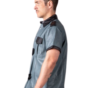 Chemise en cuir coupe classique grise et noire pour homme, haut à manches courtes en similicuir, style fétiche, avec boutons - Product Image 2