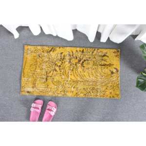 Alfombra de lana turca Vintage de 1,5x3 pies, estilo clásico, amarillo, marrón, diseño de retazos, área grande, pasillo rectangular para adolescentes, látex - Product Image 1