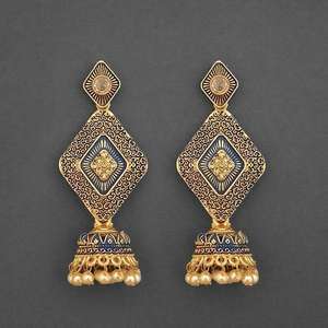 Kriaa <b>Fine</b> <b>Cuff</b> <b>Earrings</b> Gold Plated Meenakari with Blue Stone and Matte Dangler Model 1312048C - Product Image 1