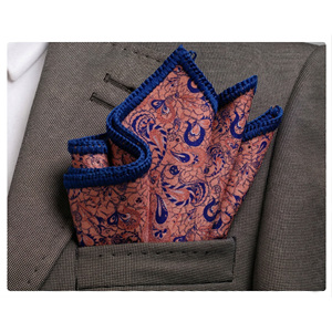 Handmade Salmon Blue Paisley Knitted <b>Edge</b> Signature Border Handkerchief Dining Pocket <b>Square</b> for Blazer <b>Square</b> Handkerchiefs - Product Image 1