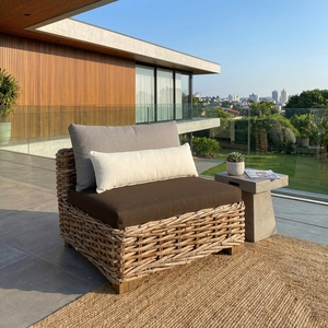 Natural Chunky <b>Rattan</b> <b>Outdoor</b> Armless Chair Brown Cushion Cream Bolster Pillow Setup Decor Pure Art Room Design - Product Image 2