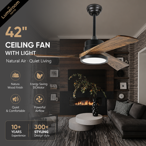 42 Inch Solid Wood <b>Ceiling</b> Fan with <b>Light</b>, APP and <b>Remote</b> <b>Control</b>, Downrod Mount Reversible Quiet DC Motor - Product Image 1