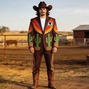 Conjunto de Traje Bordado Estilo Western Marrón para Hombre, Blazer y Pantalones de Vaquero con Diseño de Cactus - Product Image 1