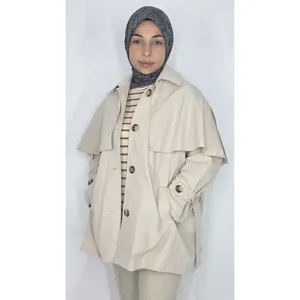 Women's Vintage Trench <b>Coat</b> with <b>Cape</b> Detail Beige Long Style Autumn Season Cotton Fill Button Decoration and Print - Product Image 5