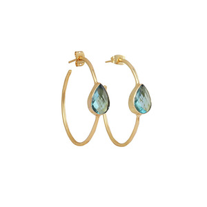 Pendientes de aro de iolita chapados en oro, conjunto de piedras preciosas de pera azul, pendientes llamativos, joyería para fiesta, pendiente de diseñador de mano, joyería de aro - Product Image 5