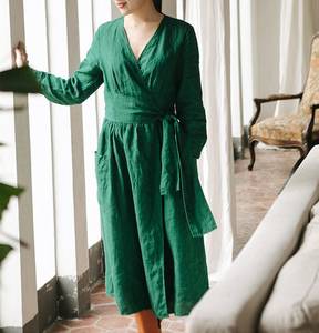 Vestido Maxi informal de lino para mujer, manga larga con bolsillos, cinturón tejido de talla grande, cintura Natural, regalo teñido liso de verano para ella - Product Image 4