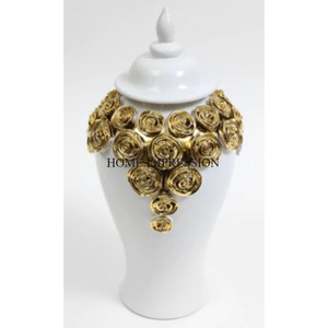 <b>Heavy</b> <b>Duty</b> Made White Color Enamel Finished Ginger Jar With Gold Plated Rings Designer Table Decoration Accessories From India - Product Image 3