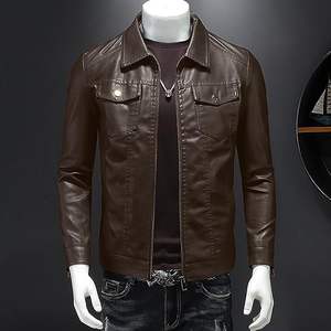 Veste en cuir pour homme en couleur marron Vestes de moto Vintage Faux cuir Outwear Casual Lightweight - Product Image 4