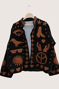 Veste en tissu éponge brodée bohème, grande taille, manches longues, col rabattu, vêtements d'extérieur décontractés d'automne pour adultes - Product Image 1