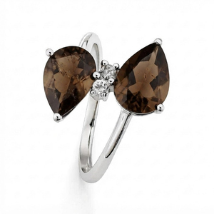 Anillo de Plata de Ley con Doble Gema de Cuarzo Ahumado en Forma de Pera para Mujer, con Engaste de Diamantes y Baño de Rodio, Romántico para Compromiso o Boda - Product Image 3