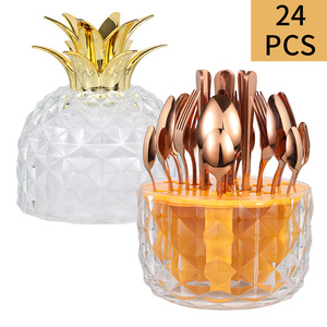 Juego de cubiertos de acero inoxidable de 24 piezas con diseño de piña creativa, cuchillo, tenedor y cuchara, color dorado, para mesa, transfronterizo - Product Image 4