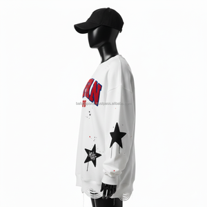 Sudadera Extra Grande de Felpa de Algodón para Mujer, Blanca con Diseño de Estrella, Estilo Desgastado y Logotipo de Chenilla Personalizado, Sudadera Transpirable para Mujer - Product Image 3