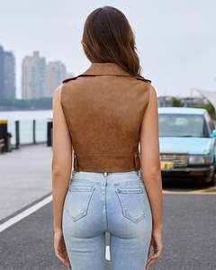 Chaleco de cuero de PU para mujer personalizado-Chaleco de motociclista sin mangas, solapa de piel de oveja, fabricante y exportador - Product Image 3