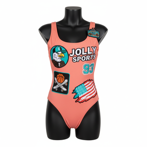 Traje de baño para mujer, 220 GSM, poliéster, spandex, color melocotón, de una pieza, con bordado, parche, logotipo personalizado. - Product Image 4