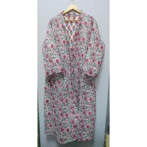 Summer Autumn Spring Bohemian Quilted Cotton <b>Kimono</b> Bathrobe Pink Floral Printed <b>Long</b> Sleeve Nightwear Gown Sizes Available - Product Image 2