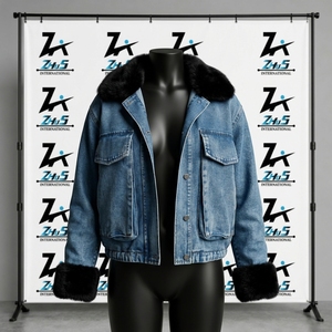 Wholesale Custom Logo Fur Collar Long Sleeve <b>Women</b> Denim Jacket Winter Cropped Warm Jean <b>Coat</b> Vintage Washed Streetwear Jackets - Product Image 1