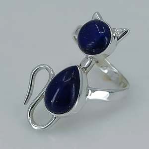 Anillo de Plata de Ley 925 Hecho a Mano con Diseño de Gato, Gema de Lapislázuli con Incrustaciones Naturales en Forma de Pera Azul, Estilo Boho, Regalo de Septiembre - Product Image 6