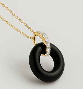 Pendentif unisexe en or jaune massif 14 carats magnifiquement conçu en forme de beignet d'onyx noir réglage de lunette pendentifs fins breloques - Product Image 4