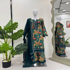 Conjunto de traje de seda francesa de diseñador con impresión digital, hilo y lentejuelas, incluye imitación Georgette Dupatta con borde de encaje - Product Image 4