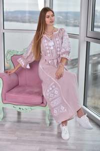 Vestido bohemio con diseños ucranianos, vestido de cambio bordado en beige, estilo bohemio largo - Product Image 4