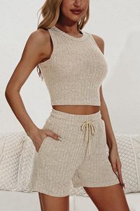Ensemble deux pièces en maille sans manches, crop top et short, 2026, sexy, club, floral, sport, yoga, soutien-gorge et short, ensembles pour femmes, ensembles unis d'été - Product Image 2