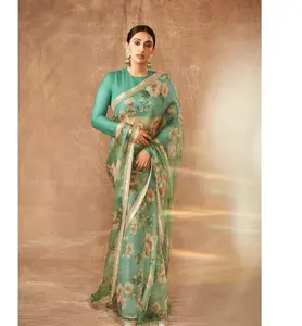 beautiful premium Organza silk fabric Digital Printed Saree and Banglori silk blouse for beach and casual wear
