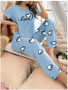 Bas prix Ensemble pyjama imprimé pour femmes Haut à manches courtes et col rond et pantalon à ceinture élastique Vêtements de nuit et vêtements de détente - Product Image 3