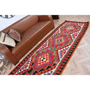 3.5x10.8 ft Vintage Rug, Herki Rug, <b>Red</b> Solid Rug <b>Wool</b> - Product Image 3