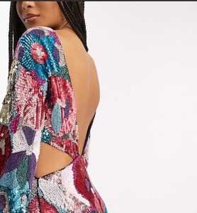 Robe sans manches à col rond, découpes latérales, ornée de sequins et de perles, longueur genou, taille naturelle, sexy et tendance pour le travail - Product Image 4