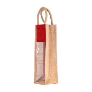 Bolsa de vino de yute duradera para embalaje de una sola botella con ventana transparente y asa para uso de regalo ecológico - Product Image 6