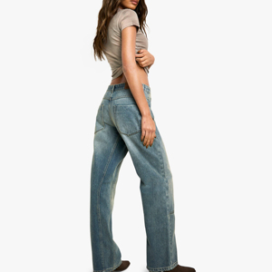 Jean en denim délavé bleu clair pour femme 100% coton jambe large taille haute avec décoloration lourde style cargo respirant - Product Image 2