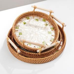 Nouveaux produits rotin vadrouille plateau de fleurs forme florale nacre incrustation plateaux avec cadre naturel - Product Image 2