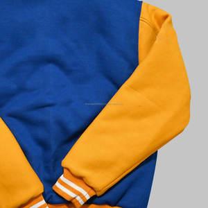 Chaqueta universitaria Letterman personalizada unisex lana Melton azul y amarilla con procesamiento recubierto de cuello levantado de cuero genuino - Product Image 6