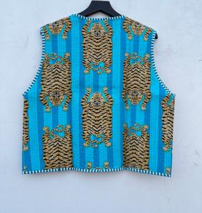 Handmade Cotton Reversible Hip Hop Puffer Waistcoat <b>Women</b> Breathable Leopard Printed V-Neck Front Open Jacket Sustainable Stripe - Product Image 6