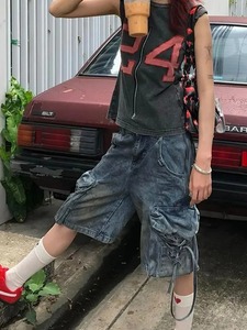 กางเกงยีนส์ขาสั้นสีน้ำเงินสไตล์วินเทจทรงหลวมสำหรับผู้หญิง ปี 2025 กางเกงขาสั้นทรงโอเวอร์ไซส์ขาดๆ สไตล์อีโม - Product Image 6