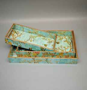 Ensemble de plateaux de service imbriqués en bois, motif floral vert sarcelle élégant, imprimé oiseau lys rose, plat rectangulaire décoratif pour la décoration de table à la maison - Product Image 4