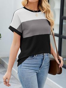 Femmes respectueux de l'environnement bloc de couleur mode à manches courtes col rond haut tricoté printemps été décontracté T-shirts amples - Product Image 4