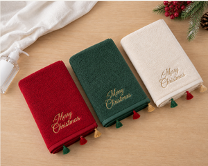 Juego de toallas de baño de algodón con borlas y bordados navideños, suaves y absorbentes, rectangulares, para uso doméstico, tamaño adulto - Product Image 1