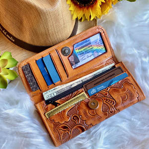 Beautiful Design Lady Floral Hand Tool Carving Genuine Leather Portable Clutches <b>Phone</b> Case Card Stylish Turquoise Flower Wallet - Product Image 4