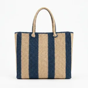 Bolso de Rafia a Rayas Tejido a Crochet, Estilo Bohemio para Mujer, Abierto, Resistente, de Uso Diario, con Dos Asas y Patrón de Rayas - Product Image 5