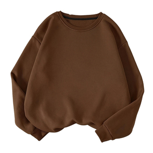Color sólido marrón con el mejor precio Mujeres Algodón de doble cara Cuello redondo Hombro caído Sudadera - Product Image 1
