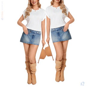 2025 mujeres de moda suelta Casual manga corta Tops ojal bordado verano primavera cuello redondo dobladillo curvo camisetas de talla grande - Product Image 2