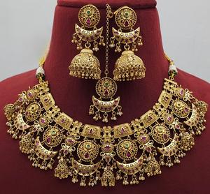 Royal High Quality <b>Gold</b> Plated Stones Look Necklace <b>Set</b> With <b>Earrings</b> Tikka for Wedding Festive Wear Collection For Women - Product Image 1