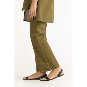 Pantalon large vert teint en fil pour femme, respirant, taille haute, fermeture élastique mi-haute, coupe ample, style crayon avec technique froissée - Product Image 3